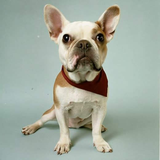 Short-coated French Bulldog sitting clean and glossy after a groom